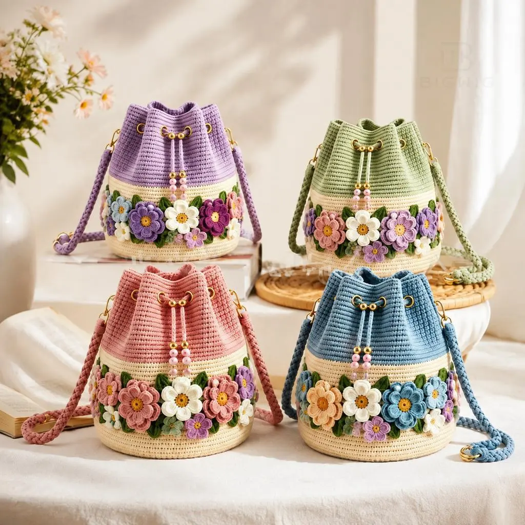 Women's Handwoven Crochet Floral Bucket Bag - 3D Flowers, Adjustable Drawstring, Lightweight, Cute Boho Crossbody Purse for Summer Beach Vacation, Everyday Outing, Sohochic