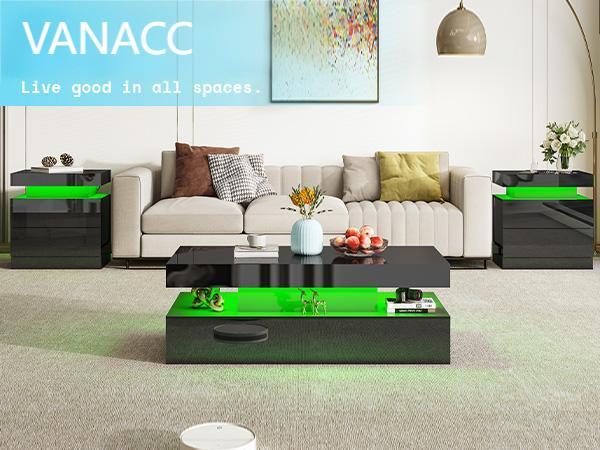 VanAcc High Gloss Nightstand Set of 2 with Charging Station, Modern Bedside Table with LED Lights by App and Remote  Control, Sofa End Side Tables with Drawers, Minimalist Night Stand for Bedroom, Living Room,