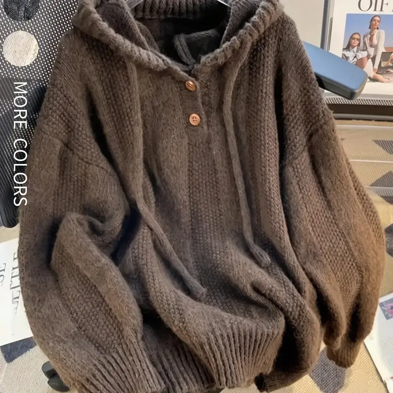 Women's Oversized Loose Baggy Hooded Button-Up Pullover Sweater, Adjustable Drawstring Long Sleeve Chunky Knit Jumper, Warm Cozy Solid Color Casual Top for Autumn and Winter