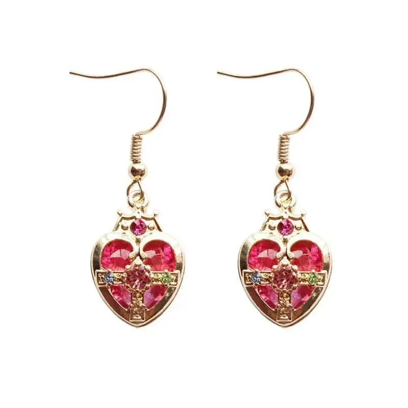Card Captor Sakura Rhinestone Pink Cross Heart Earrings for Women Japanese Anime Girls Star Moon Cosplay Wand Earring