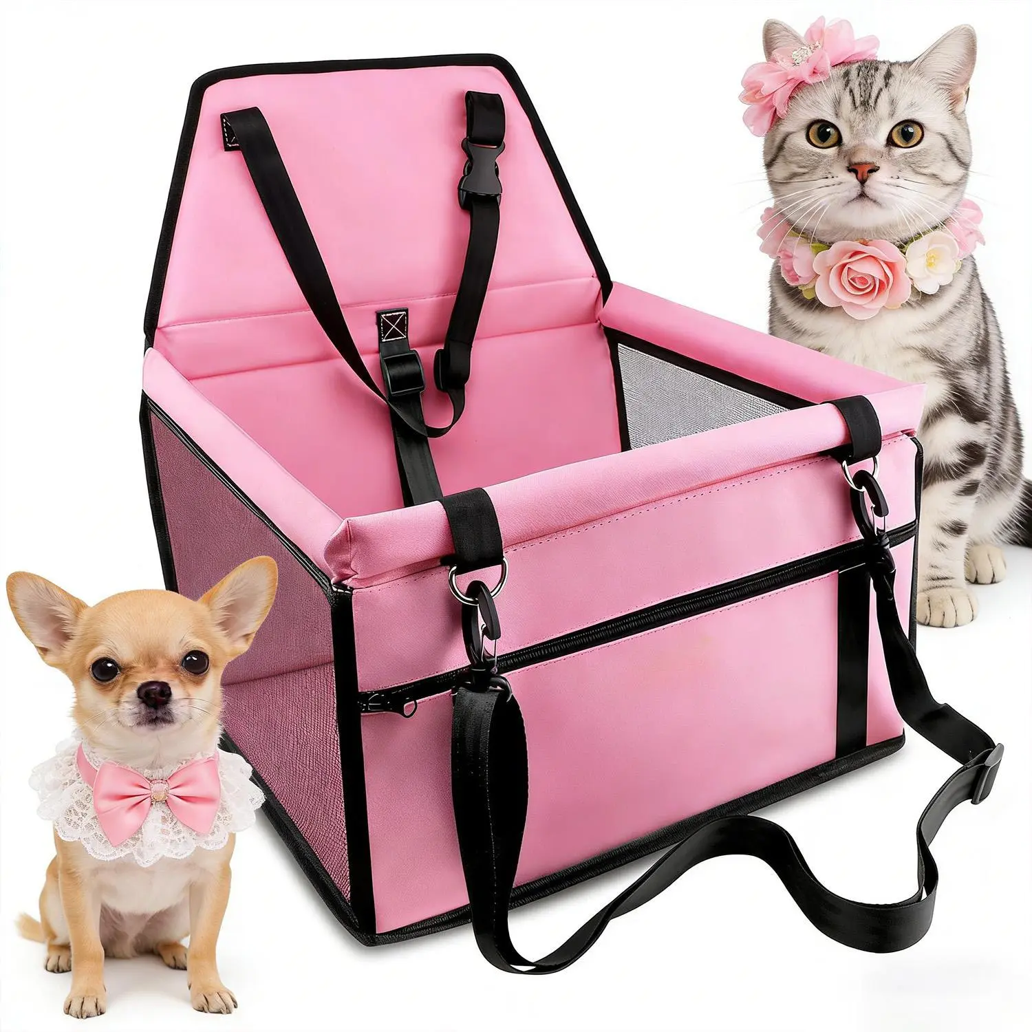 Pink Pet Car Booster Seat for Small Dogs, Reinforced Dog Travel Carrier with Seat Belt & Safety Leash, Portable Car Seat