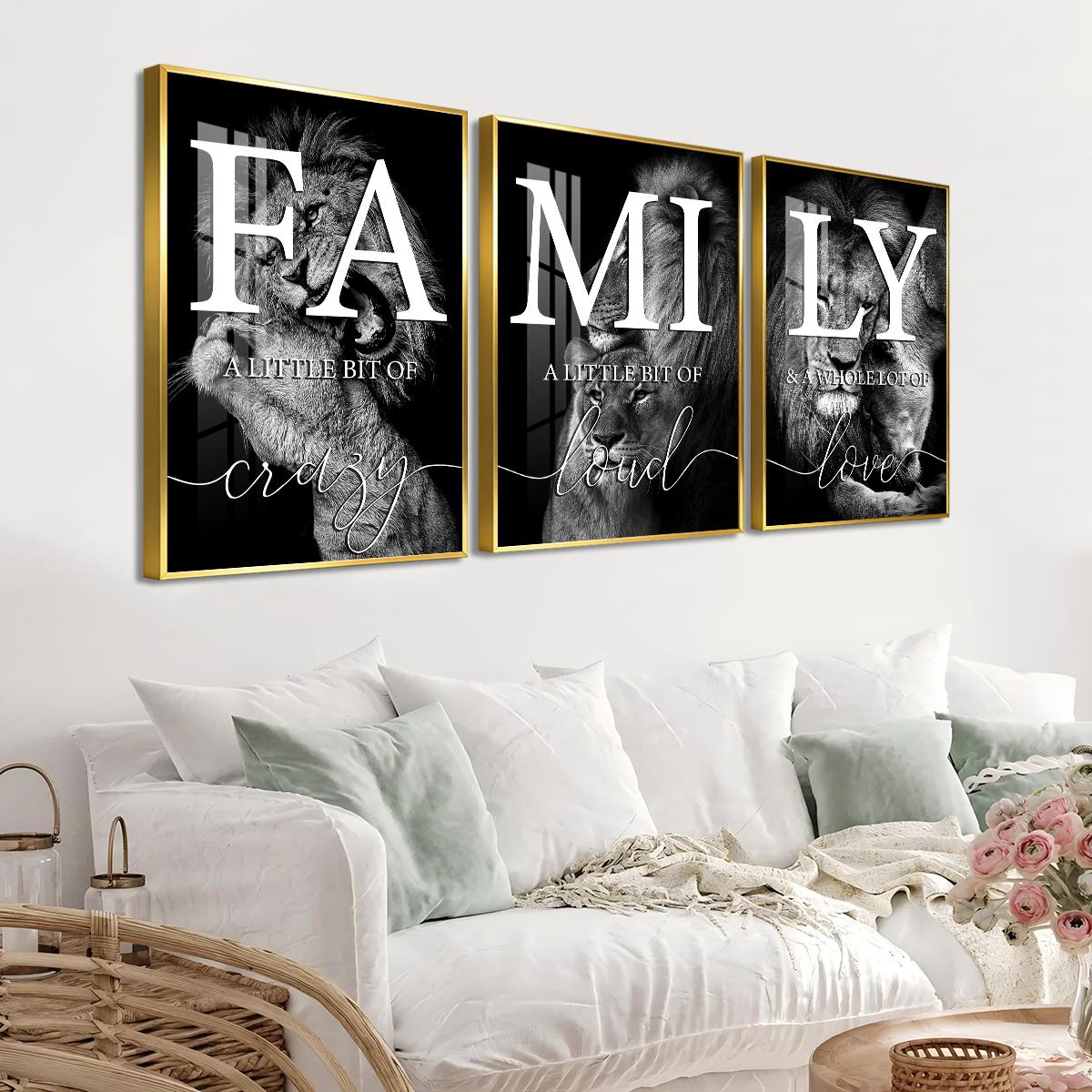 3 Counts Aluminum Alloy Framed Painting, Family Lion Wall Art Black And White Animal Poster, Home Decoration For Living Room, Bedroom, Office, Restaurant, Hallway Wall Decor, Odorless Print Artwork, Luxury Perfect Gift For Friends And Family