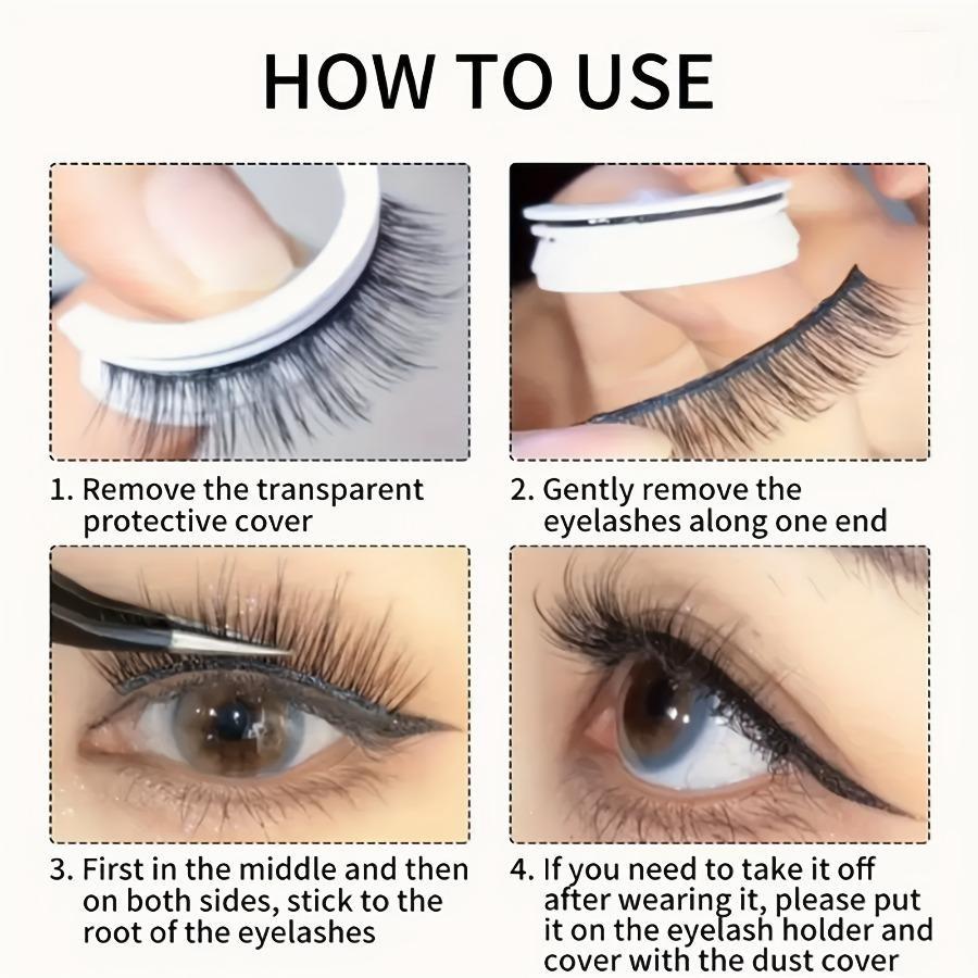 Self-Adhesive False Eyelashes Set of 3 Pairs, Pre-Glued Reusable Lashes, Cat Eye, Natural, Cross, Fluffy, Extra Thick, B/c Curl, 6-15mm, Cosmetic