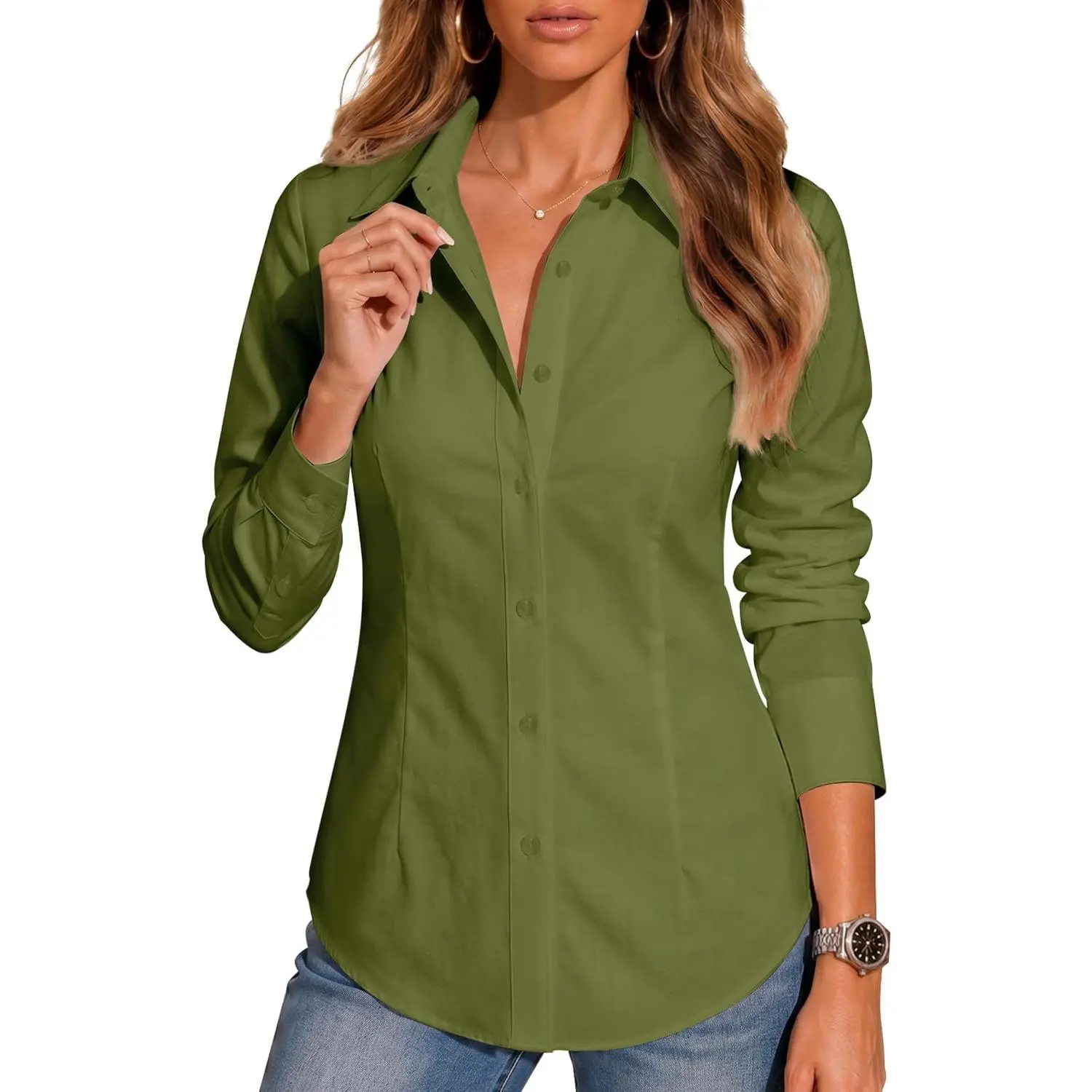 Cotton Button Down Shirts for Women Wrinkle Free Long Sleeve Dress Shirt for Office Work Business Casual Blouse XS-6XL