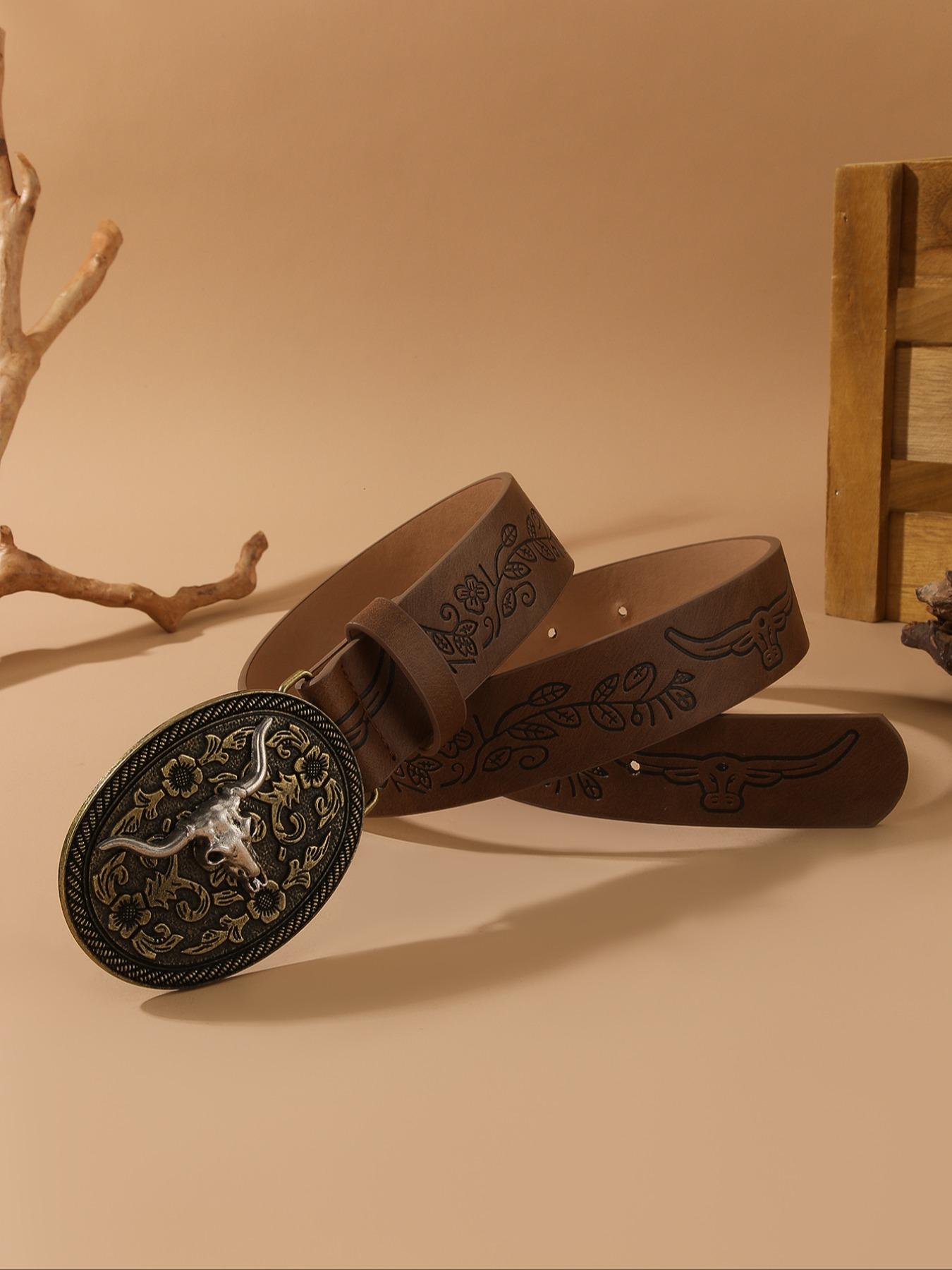 Vintage Flowers Embossed Western Belt with Cow Decor Buckle, Western Belt Buckles, Fashion All-match Cowboy Waistband for Jeans, Trendy Accessories for Daily Life