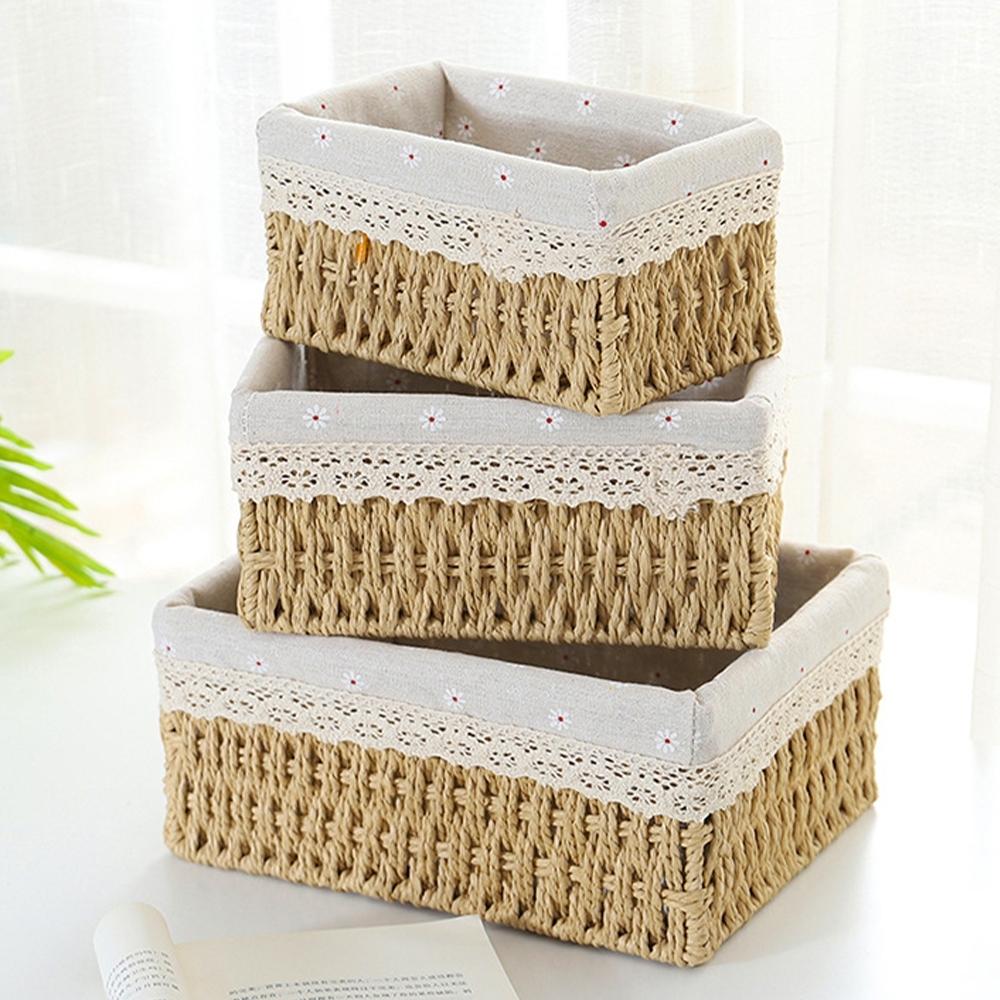Handwoven Storage Basket with Lid, Desktop Snack Organizer, Living Room Toy Rack, Key and Makeup Holder, Home Organization