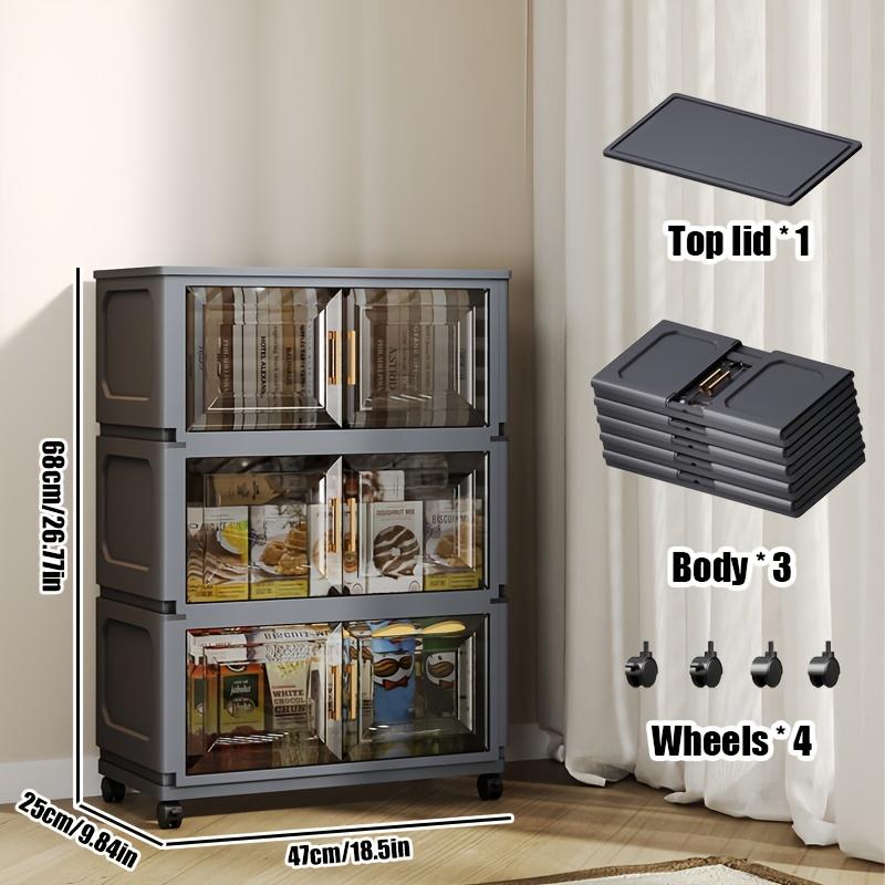A five-tier (42.72 inches) entryway Plastic storage cabinet, Multi Layer Cabinet, featuring a large capacity with 3/4/5-tier shelving, a magnetic door design paired with silent universal wheels, making it a movable entryway storage cabinet