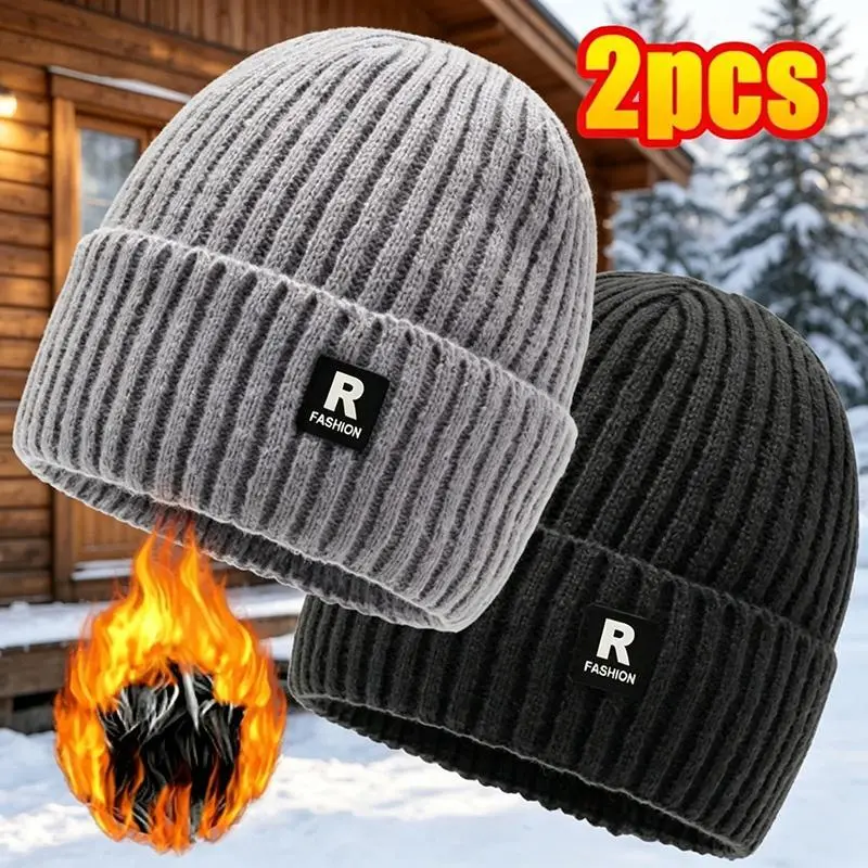 2-Pack Men's Winter Fleece Lined Beanie Hat, Warm Thick Cuffed Knit Hat, Christmas Gifts for Him Stocking Filler
