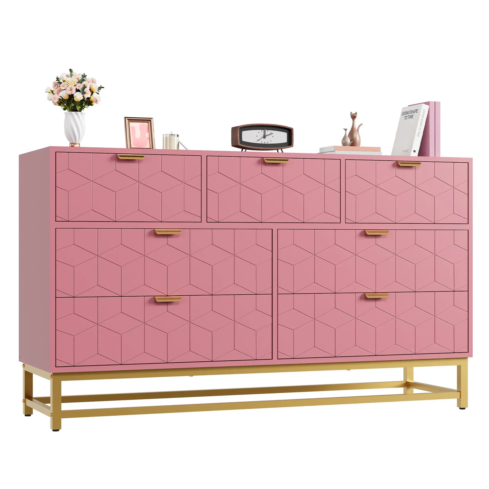 53.5" Wide Dresser for Bedroom, Modern 7 Drawer Triple Dresser with Gold Accents, Long Storage Organizer for TV Stand & Closet, Large Chest of Drawers for Living Room, Hallway, Entryway