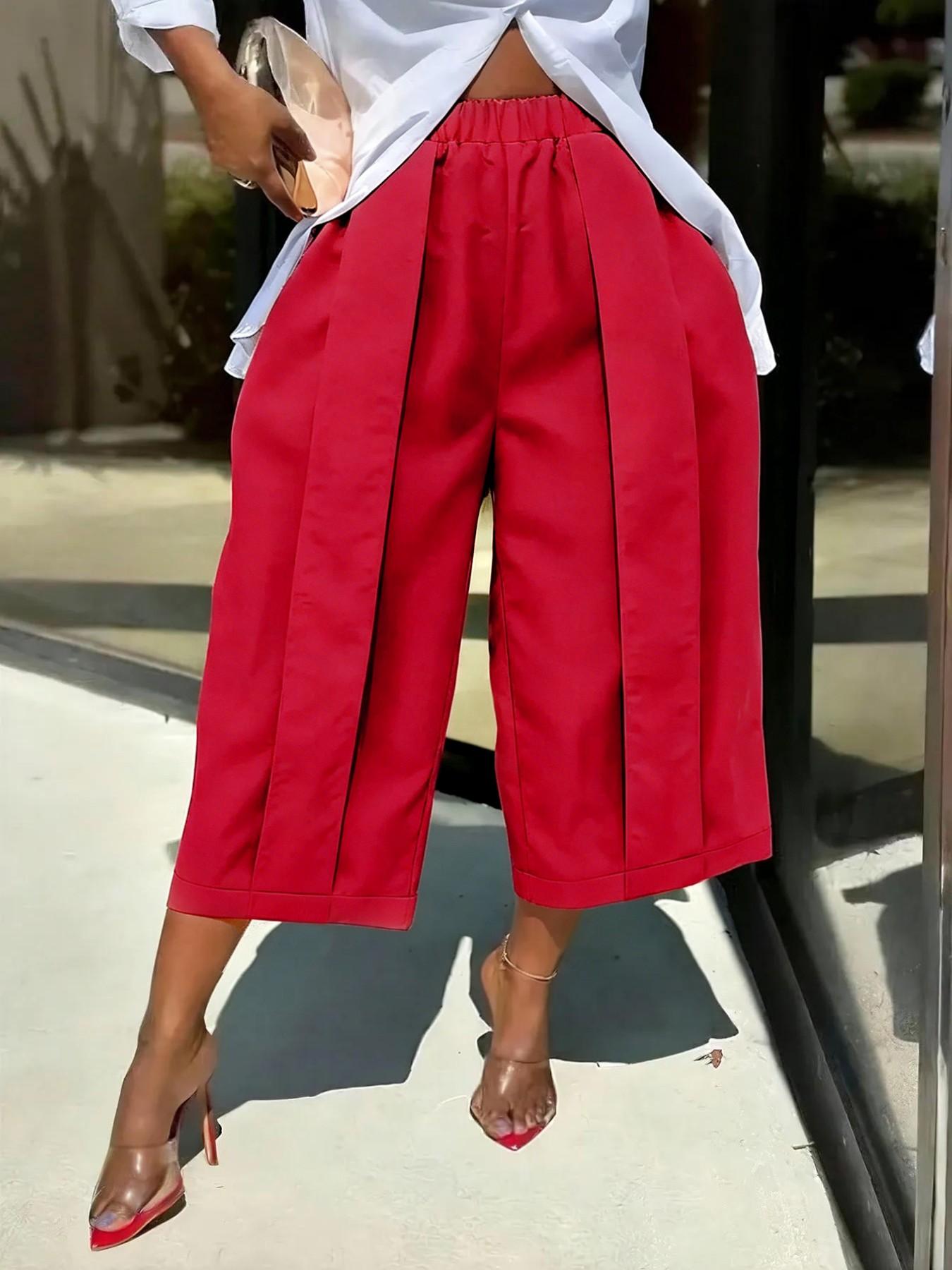 Women's Wide Leg Seven-Quarter Pants Bottom, Summer New Arrival, Elastic Waist, Pleated Slim Fit, Casual Camouflage Workwear