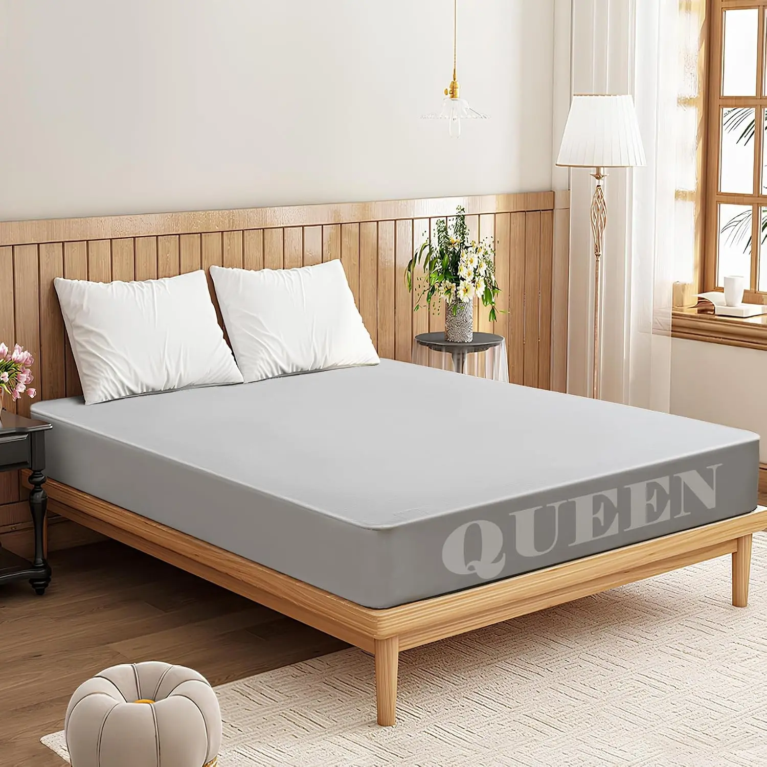 Grounding Sheets Queen Size, 10% Pure Silver Fiber + 90% Organic Cotton, Earth Connected Fitted Bedding with Grounding Cord (60"x 80"x 13" Gray)