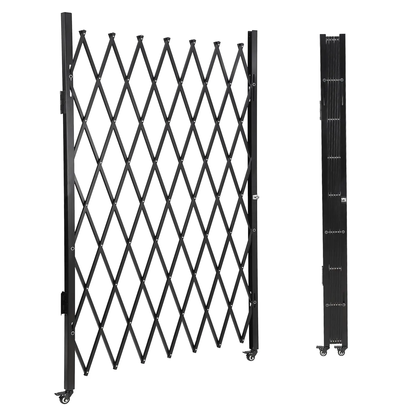 Gravee Heavy-Duty Expandable Security Gate, 50-85 Inch High Steel Accordion Barrier with 43-150 Inch Width Options, 360° Locking Casters, Wall-Mount Hinge and Latch for Garage, Driveway, Courtyard, Garden, Shop, Warehouse and Indoor/Outdoor Access Control