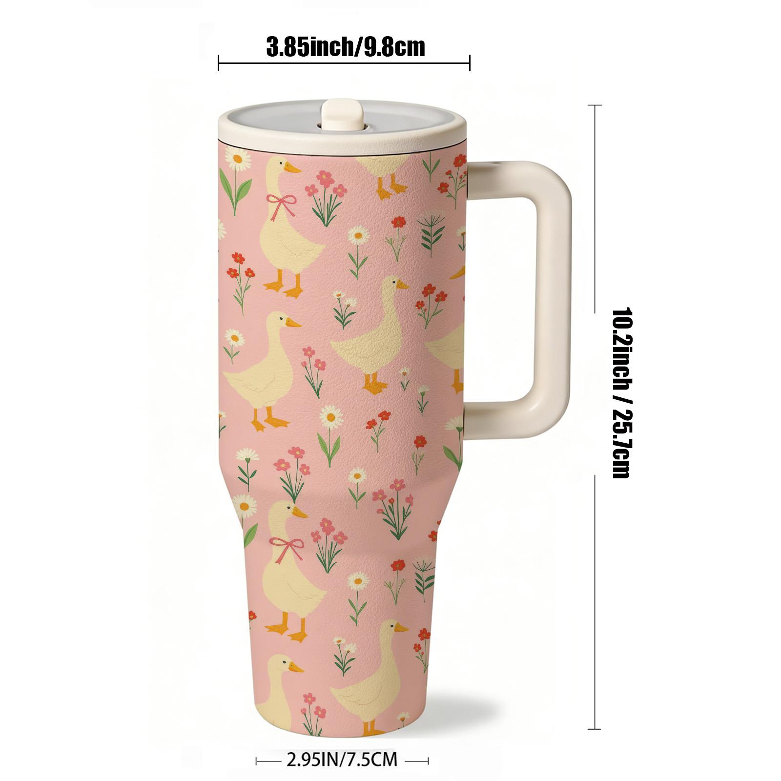 1 Pc 40oz Insulated Mug With Handle & Lid, Double Wall Vacuum Cup, Leak Proof Large Capacity Thermal Mug, Keeps Hot 12 Hours Cold 24 Hours, Floral Goose Spring Pattern, Cute Gift For Women Men, Valentine Holiday Car Drinkware, Leakproof Insulated Tumbler