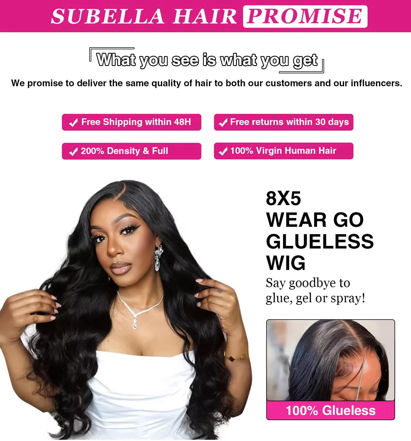 Subella Hair All-Day Wear Comfort Real Glueless Ocean Wave Wig Ready to Go 200% Density HD Lace Middle/Side/C Part Loose Body Wave Wig Pre Cut Plucked Human Hair Beginner Friendly