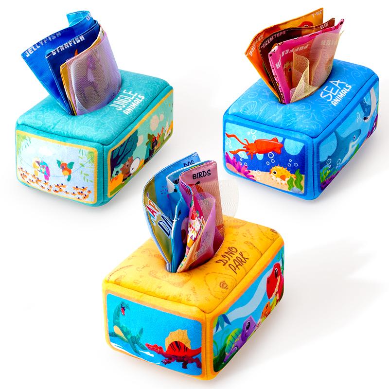 1count Baby Tissue Box - Montessori Infant Toys 5 Months Baby Tissue Box Learning Toy, Infant And Toddler Educational Toys With 3 Rattle Cloths And 10 Saran Wraps