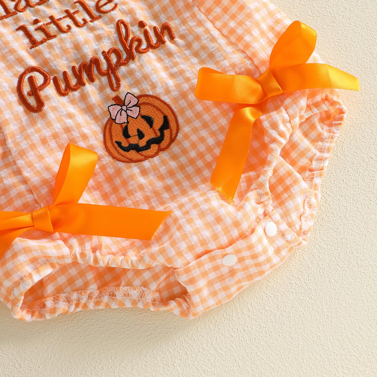 [Lullaby] Baby Girl Halloween Romper Set, Cotton Blend Plaid Print Jumpsuit with Embroidery (Pumpkin/Ghost), Flying Sleeves, Square Neck, Bow Headband - Prop 65 Safe Baby Girl Clothing