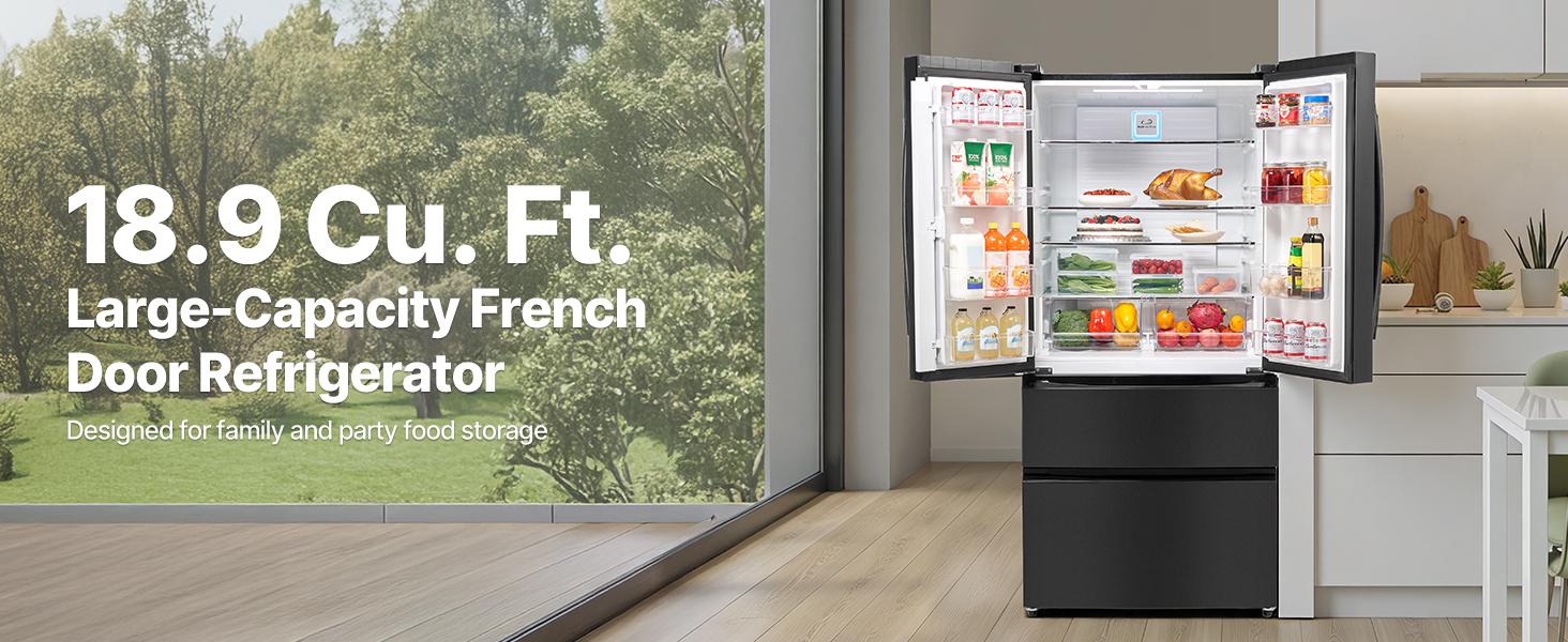 summervibes VEVOR French Door Refrigerator, 18.9 Cu. Ft. Kitchen Fridge, Counter Depth French Refrigerator with LED Display and 4 Casters, Frost-Free Bottom Freezer Refrigerators for Home Commercial Use, Black,