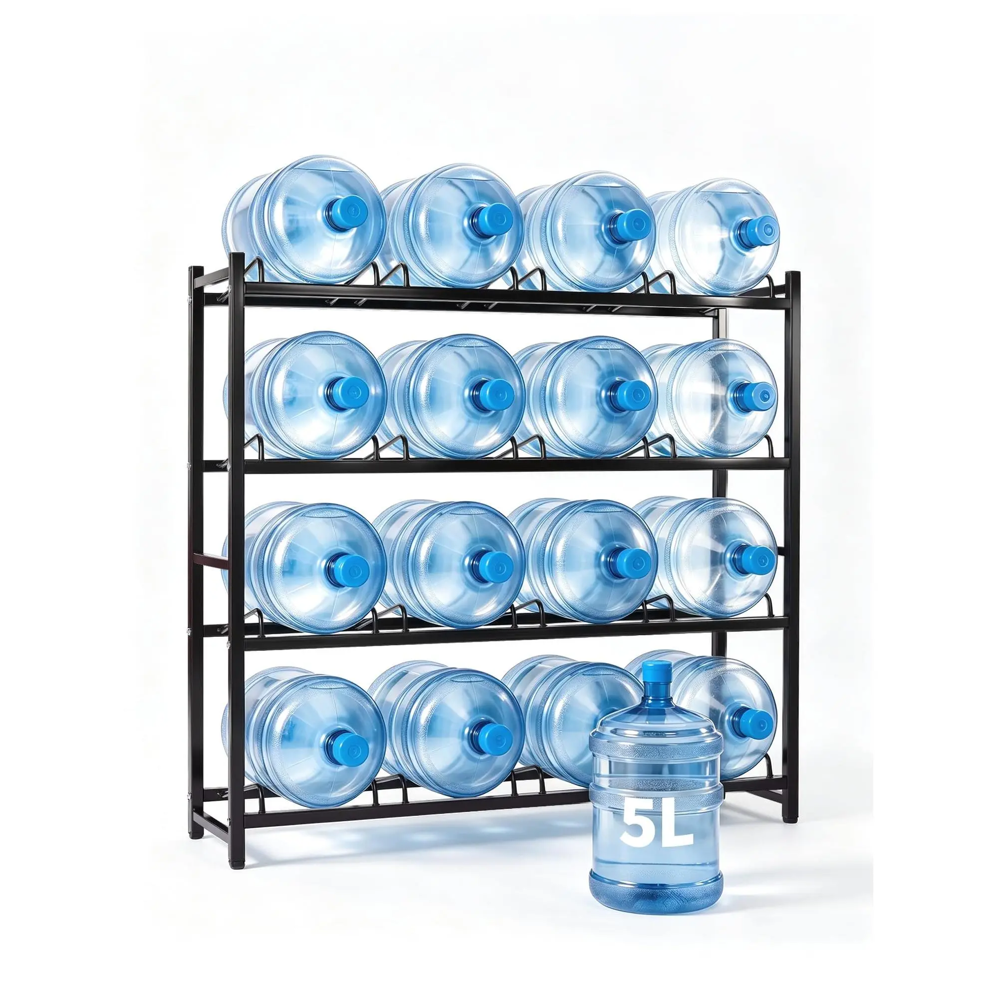 Garvee Heavy-Duty 5 Gallon Water Bottle Storage Rack - 4-Tier Detachable Water Jug Holder Stand - Holds 16 Bottles (16 Slots) Space-Saving Organizer Shelf for Garage, Kitchen, Office - Black, Water Jug Rack, 5 Gallon Rack, Heavy Duty Shelf, Utility Rack