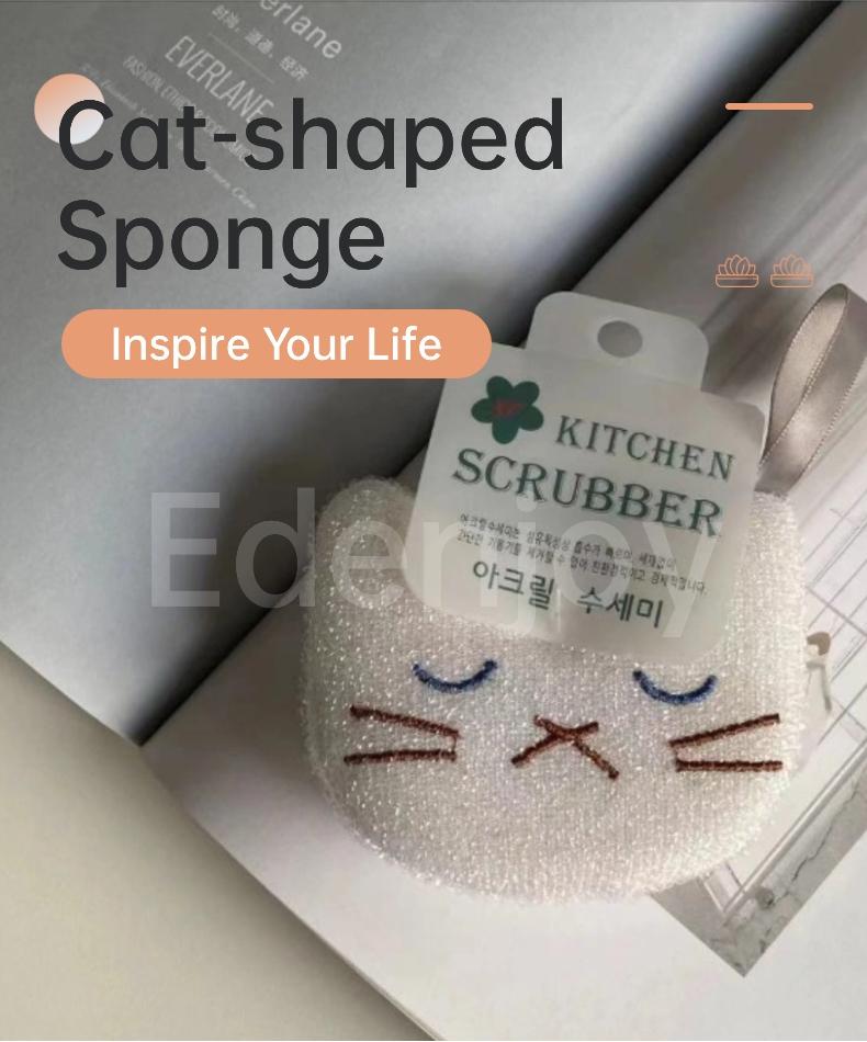 Thick Kitchen Sponge Cleaner Cloth, Cartoon Cat Embroidered Dishwashing Sponge, Non-Scratch Cleaning Pad, Durable and Reusable