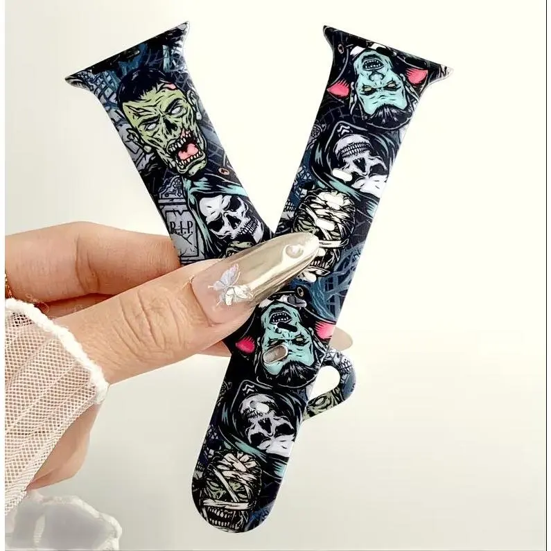 Halloween Zombie & Skull Printed Silicone Watch Band, Cool Horror Pattern Strap for Apple Watch, Fit 38 40 41 42 44 45 49mm, Compatible with iWatch Series 10 42mm 46mm, Spooky Wristband Wearable Accessory Wearable Tech Accessories
