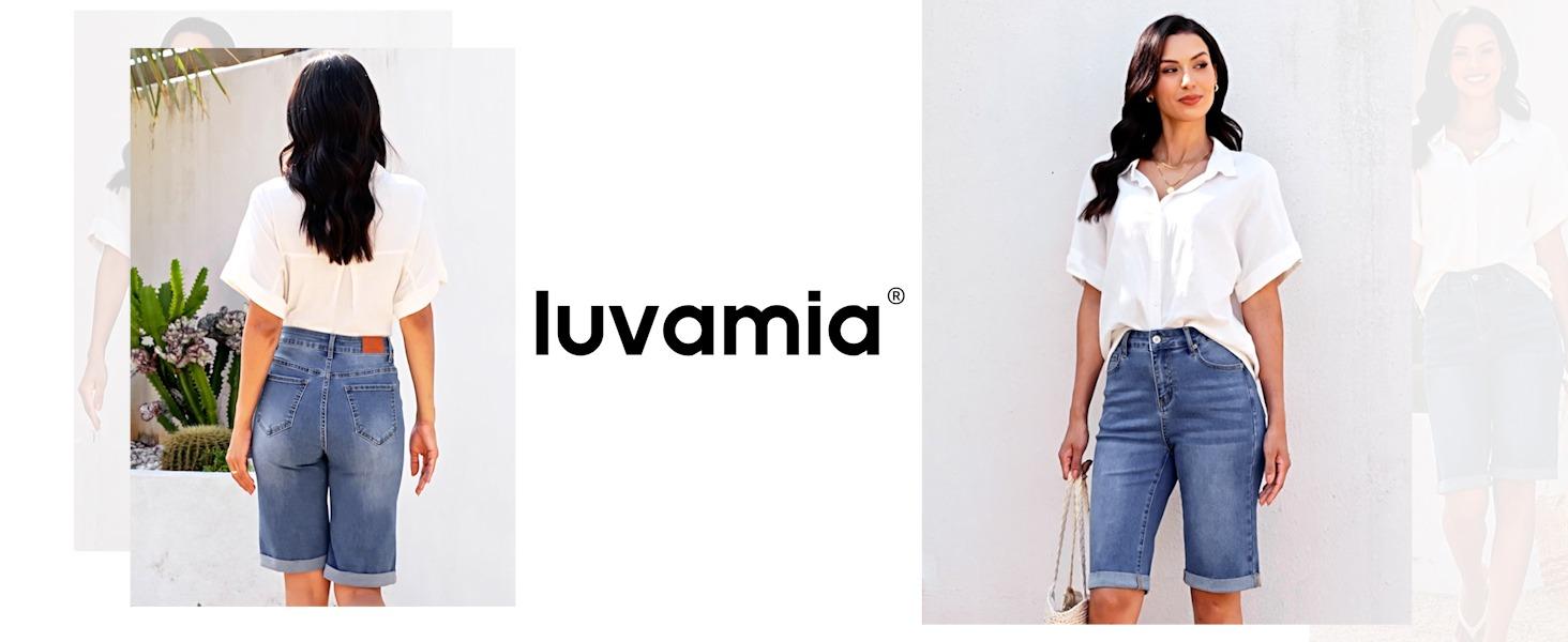 luvamia Bermuda Jean Shorts for Women Knee Length High Waisted Rolled Hem Casual Summer 12'' Inseam Long Denim Shorts