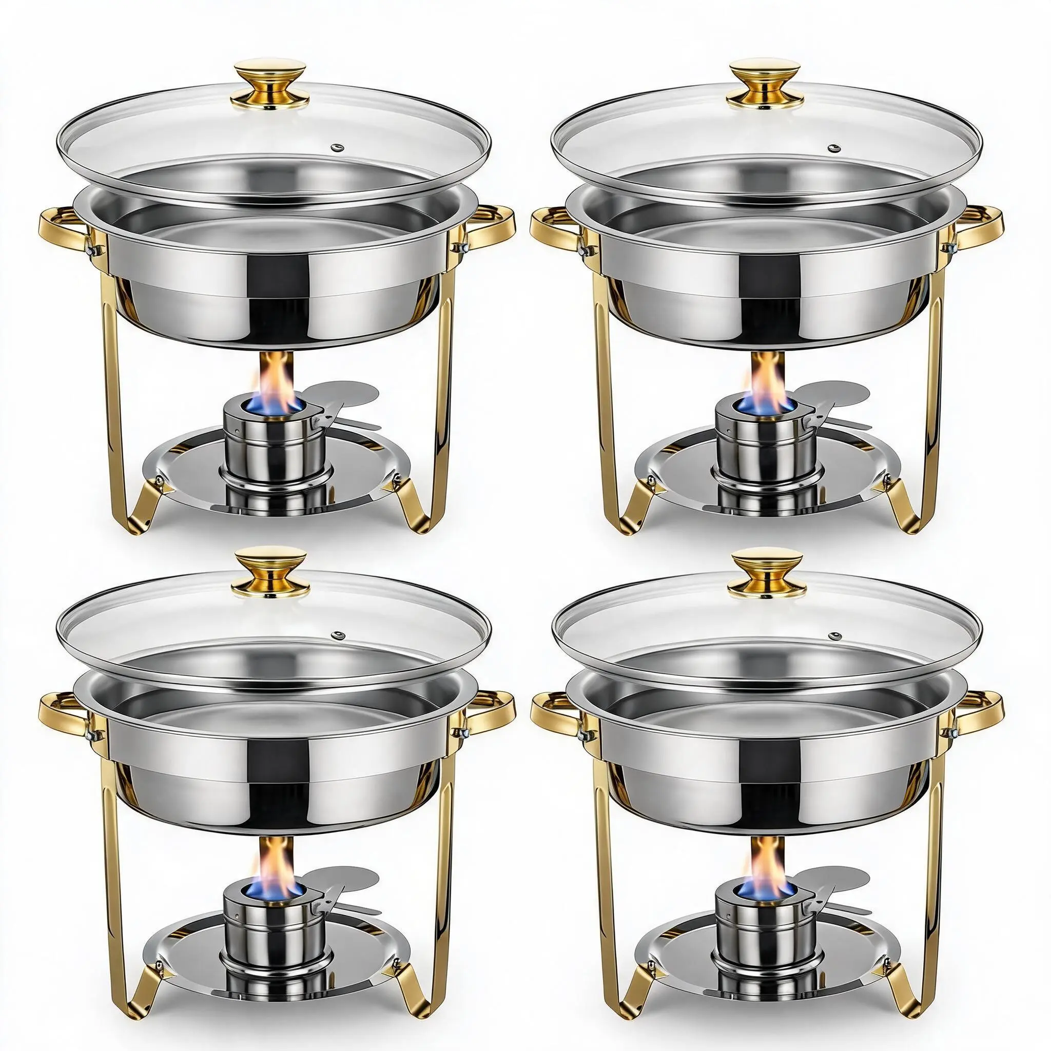 Round Chafing Dish Set 2-4 Pack 5 QT Stainless Steel Buffet Server Food Warmer Transparent Lid Fuel Holder