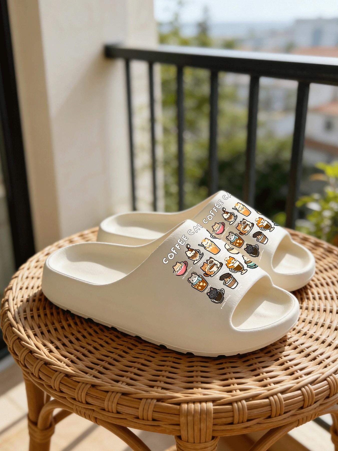 1 Pair Coffee Cat Themed Printed Thick Sole Slippers, Cute Healing Style, Non-slip Soft Sole, Indoor & Outdoor Dual-use, Open Toe Slides, Casual Slippers