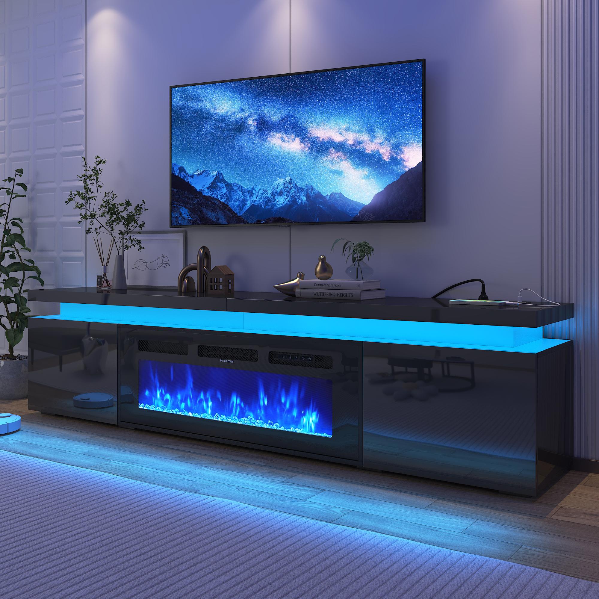 LED TV Stand for 70/75/80/85/90/95 inch TV/Fireplace TV Stand , TV Stand with 40" Electric Fireplace & Power Outlet, High Gloss Surface, 2 Storage Cabinet, Modern Style for Living Room (83 Inch/71 Inch, White/Black)