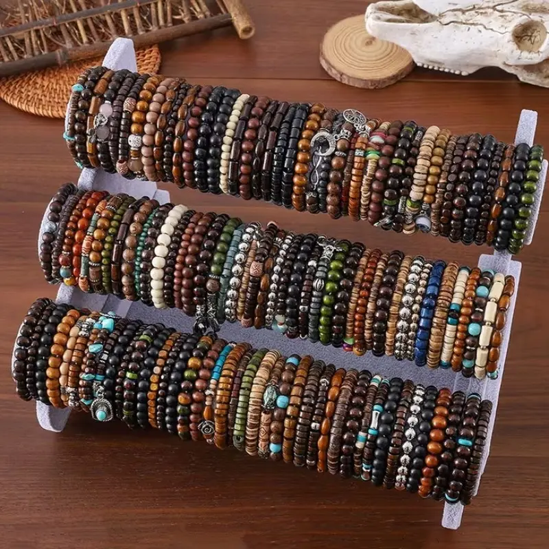 Unisex Vintage Bohemian Wooden Beaded Bracelet Sets - 10/22/35/40Pcs Stacking Ethnic Fashion Accessories for Daily Wear, Outdoor Use