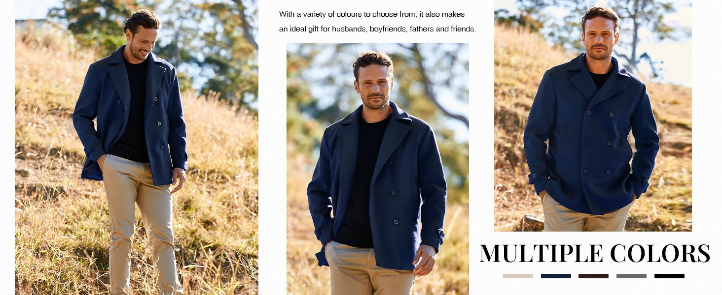 Runcati Men's Classic Pea Coat Notched Collar Double Breasted Slim Fit Winter Warm Heavyweight Trench Coats