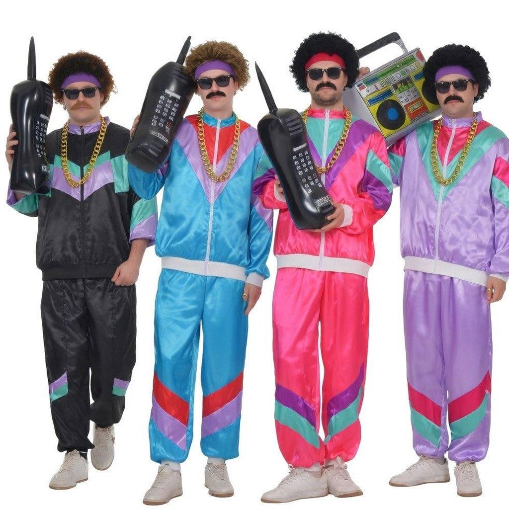 Men's 80s 90s Hip Hop Rapper Costume - Neon Pink Shiny Tracksuit with Inflatable Retro Cell Phone Prop & Gold Chain - Old School 1980s Party Outfit