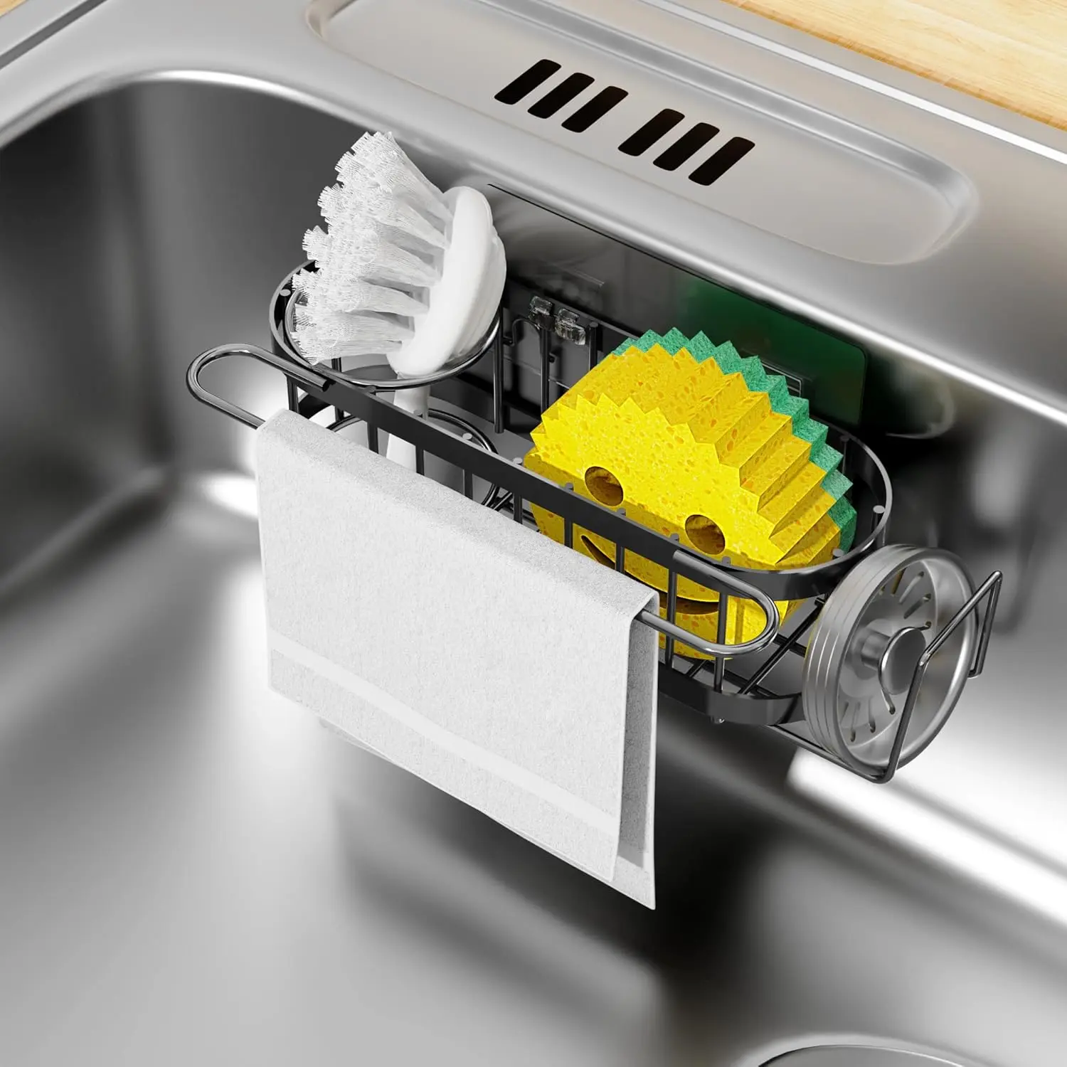 Kitchen Sink Caddy Sponge Holder in The Sink, Stainless Steel Kitchen Sink Organizer, Brush Holder, Dish Cloth Hanger, Sink Stopper Holder (Suction cup-Black)
