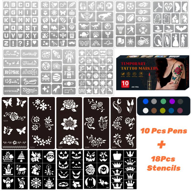 Temporary Tattoo Markers,10/12/18/24 Colors Metallic Markers,Tattoo Stencil, Cosmetic Tattoos Pens,Flexible Brush Tip, Bright colors, Face Paint Kit Cosmetic Quality,Christmas gifts