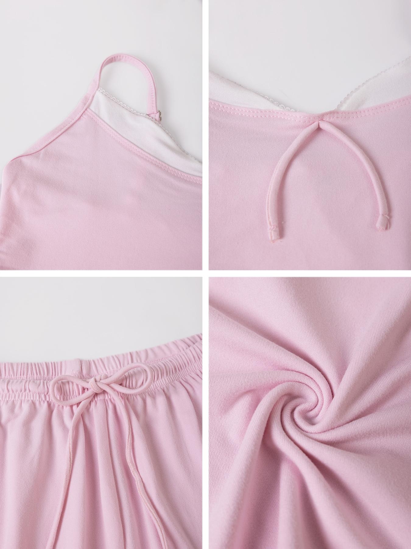 Pure Color Casual Home Cami Short Top Long Pants Two-Piece Set, Fitted Crop/short Length, Thin Fabric, Fall Season, Plain Pattern