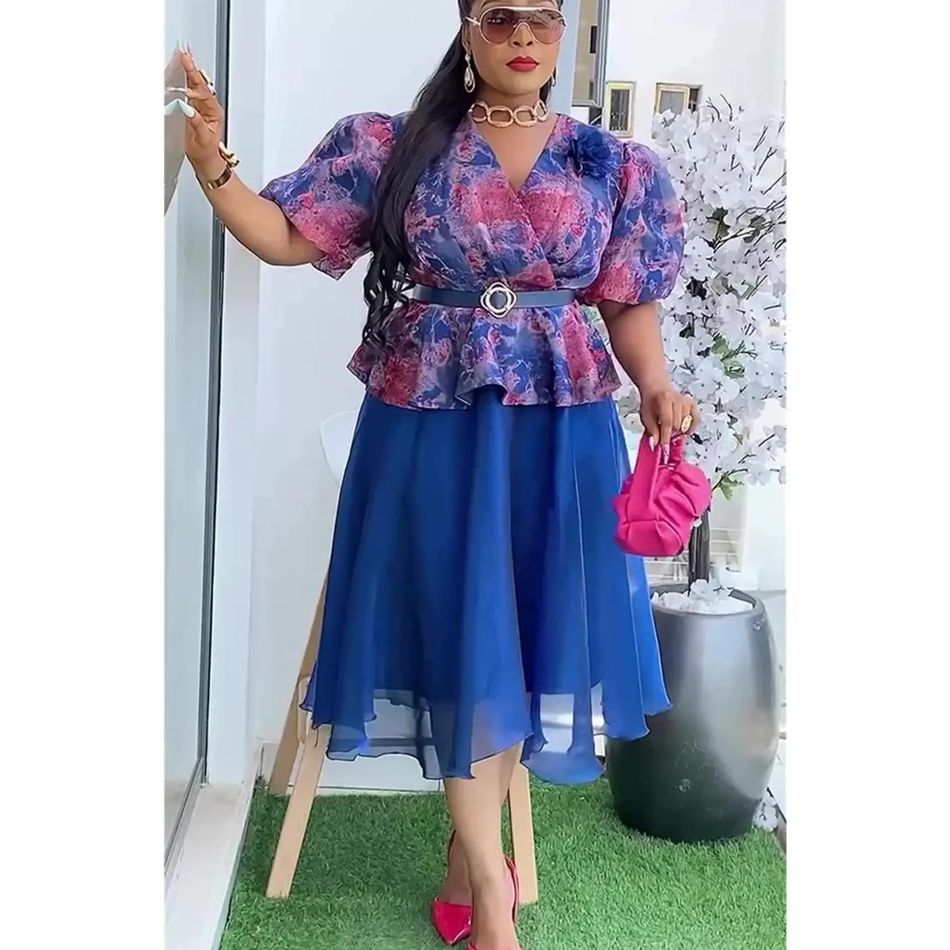 Elegant African Dresses for Women 2026 New Short Sleeve Print Chiffon Robe Plus Size Turkey Muslim Evening Party Long Dress