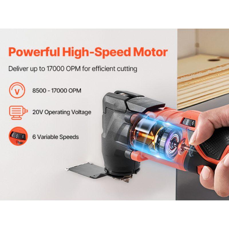 fathersdaygift VEVOR Cordless Oscillating Tool, 20V Oscillating Multi Tool Kit with 6 Variable Speeds 8500 - 17000 OPM, 3.2 Oscillation Angle, 2.0Ah Battery Pack Charger, 12PCS Saw Accessories LED Work Light