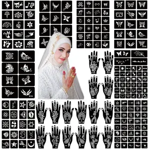 Henna Tattoo Stencil Kit 190pcs, 24 Sheets Henna Stencils Reusable Temporary Indian Arabian Glitter Airbrush Tattoo Stencils for Face Body Paint DIY