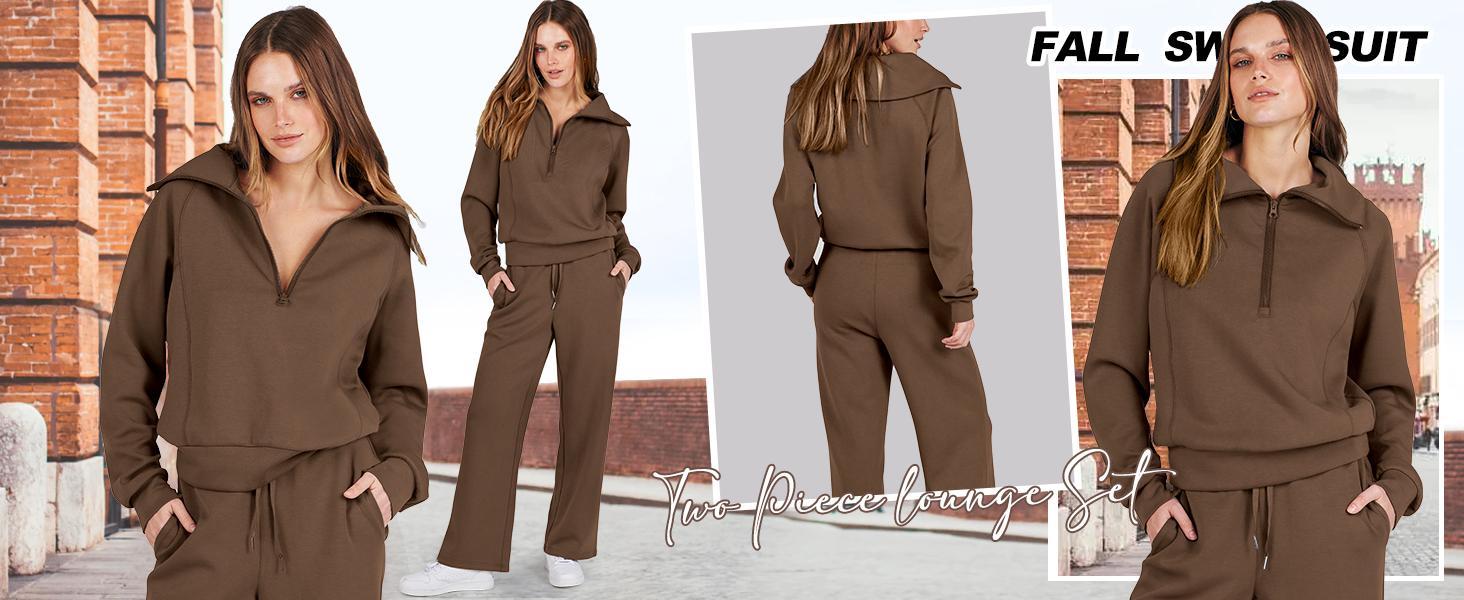 ANRABESS Women 2 Piece Outfits Sweatsuit Set 2025 Fall Oversized Half Zip Sweatshirt Wide Leg Sweatpant Lounge Set Tracksuit