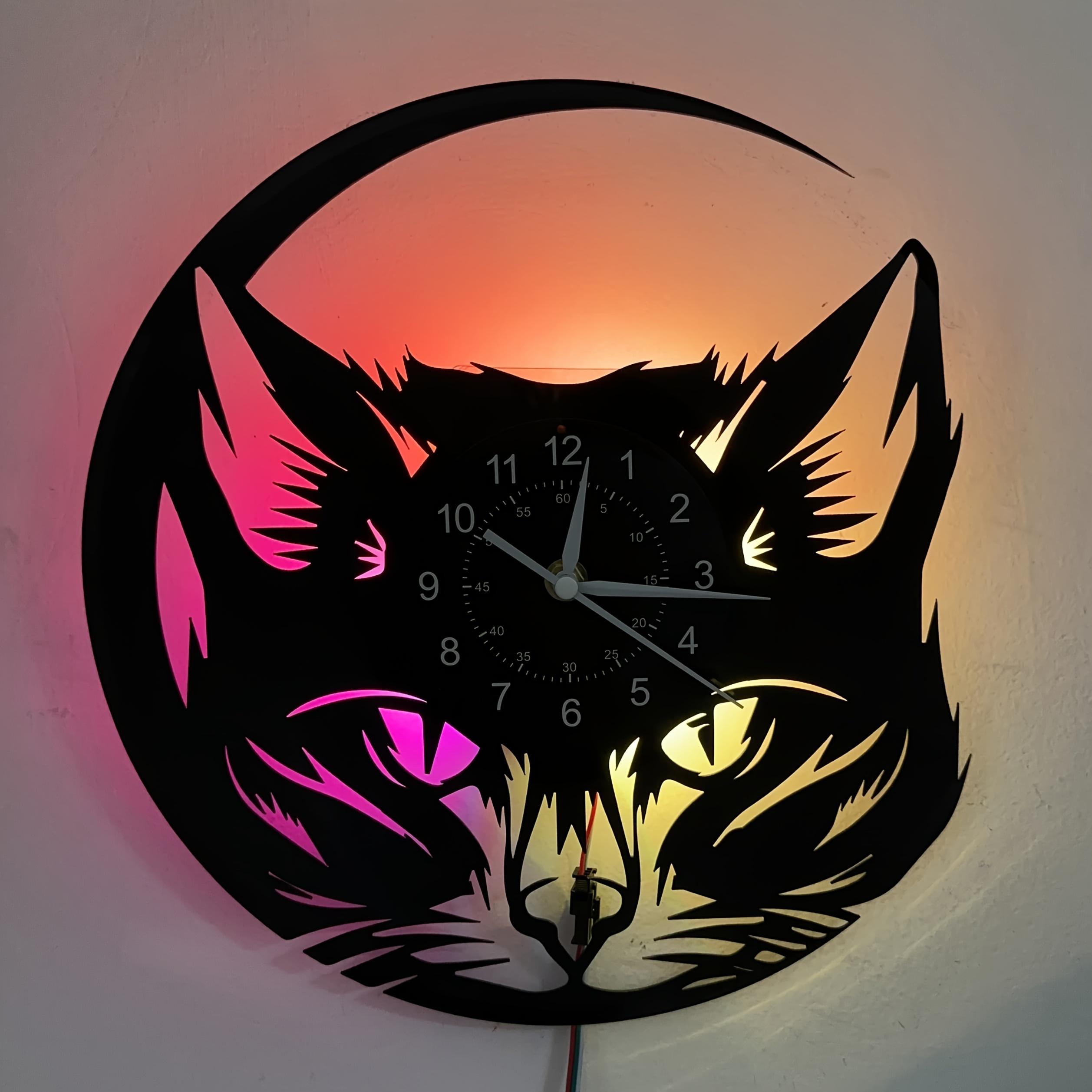 Cat-Themed LED Color Changing Vinyl Wall Clock Irregular Modern Room Decor for Classroom Birthday Christmas Gifts (Battery Not Included)