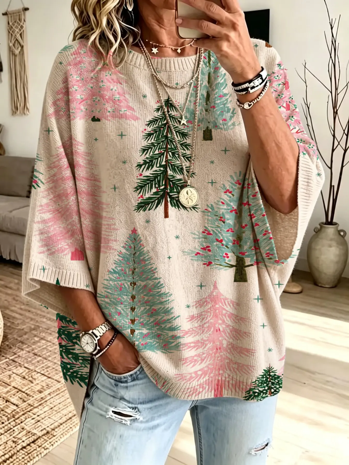 Christmas Loose Round Neck Bat Sleeve Knit Top for Women, Lazy Style Lightweight Pullover, Christmas Tree Print Sweater, Slimming Casual Vest, Knitwear Pullover