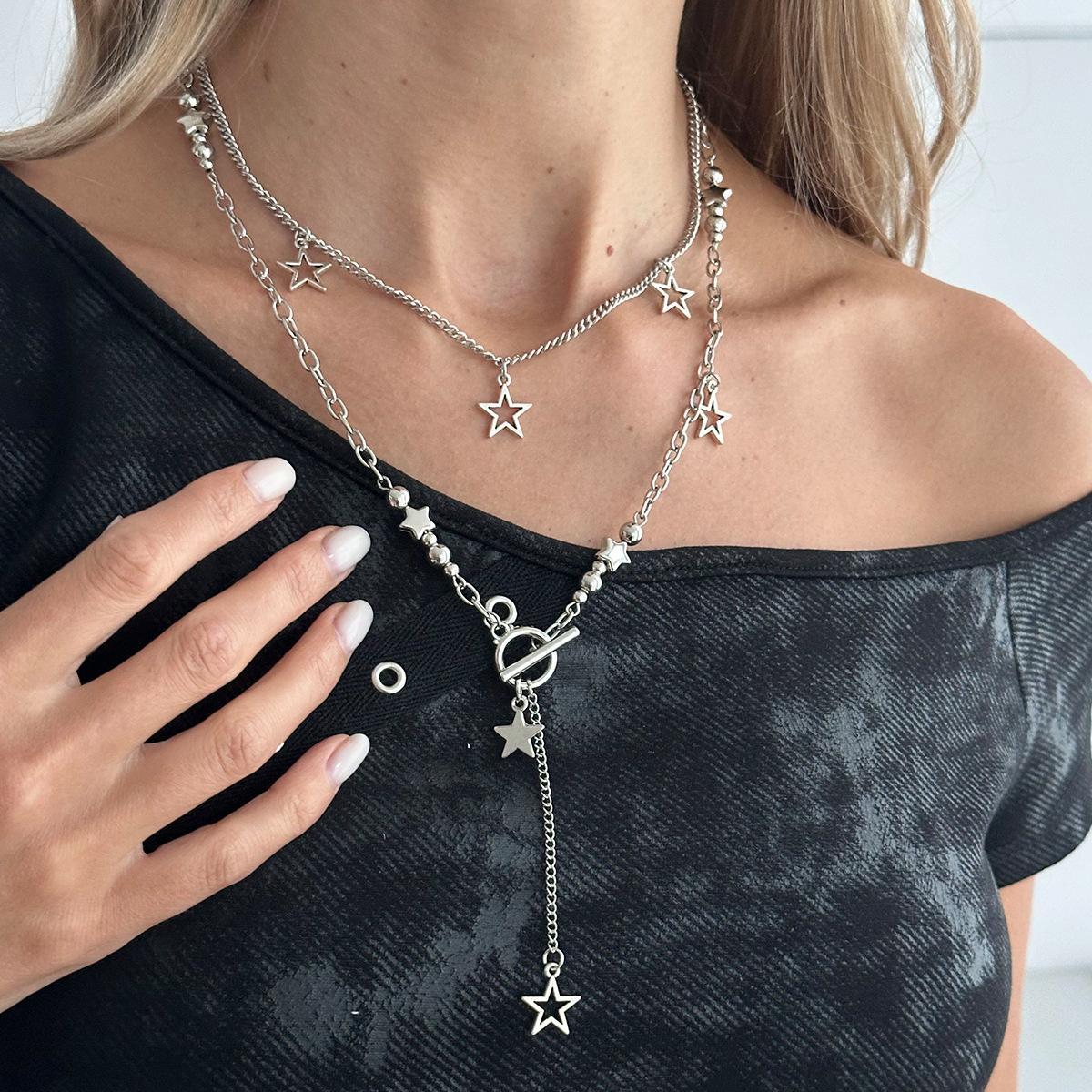Multi-piece Hip Hop Star Pendant Necklace Set - Edgy Spicy Girl Style with Round Ball Metal Bead Chains, Fashion Chain Decorated Streetwear Jewelry for Nightclubs, Casual Daily Wear, Beaded Chains, Metal Beads