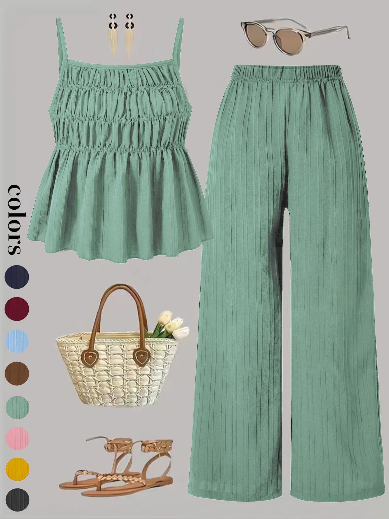 Two-Piece Set Women's Solid Color Cami Top & Wide Leg Pants Set, Street Fashion Casual Outfits for Daily Outdoor Wear, Ladies Clothes for All Seasons