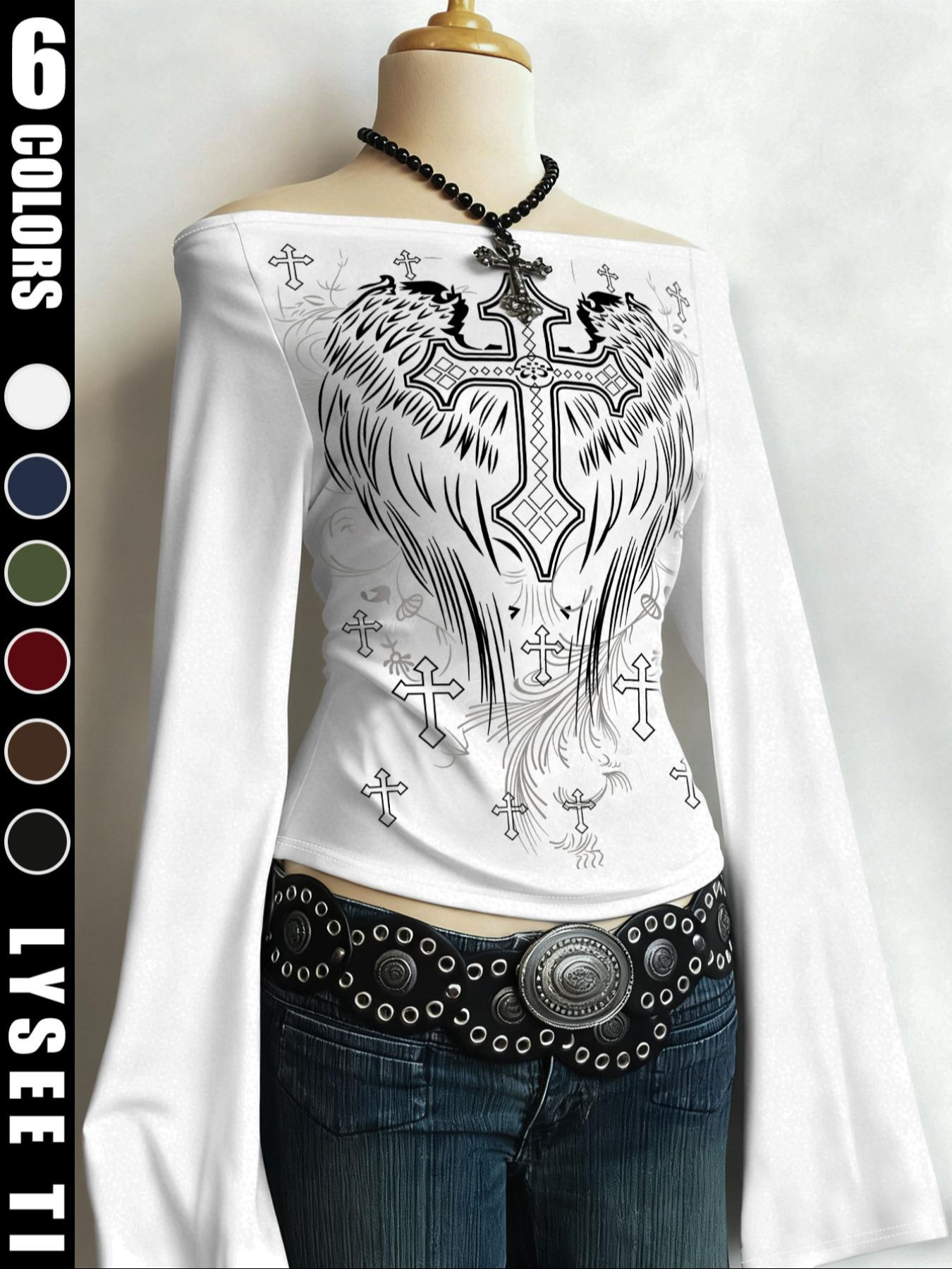 Halloween Fashion Y2K Women's Top, Cross Print One-Shoulder Bell Sleeve, Long Sleeve Fitted Top for Fall & Winter, Casual Wear
