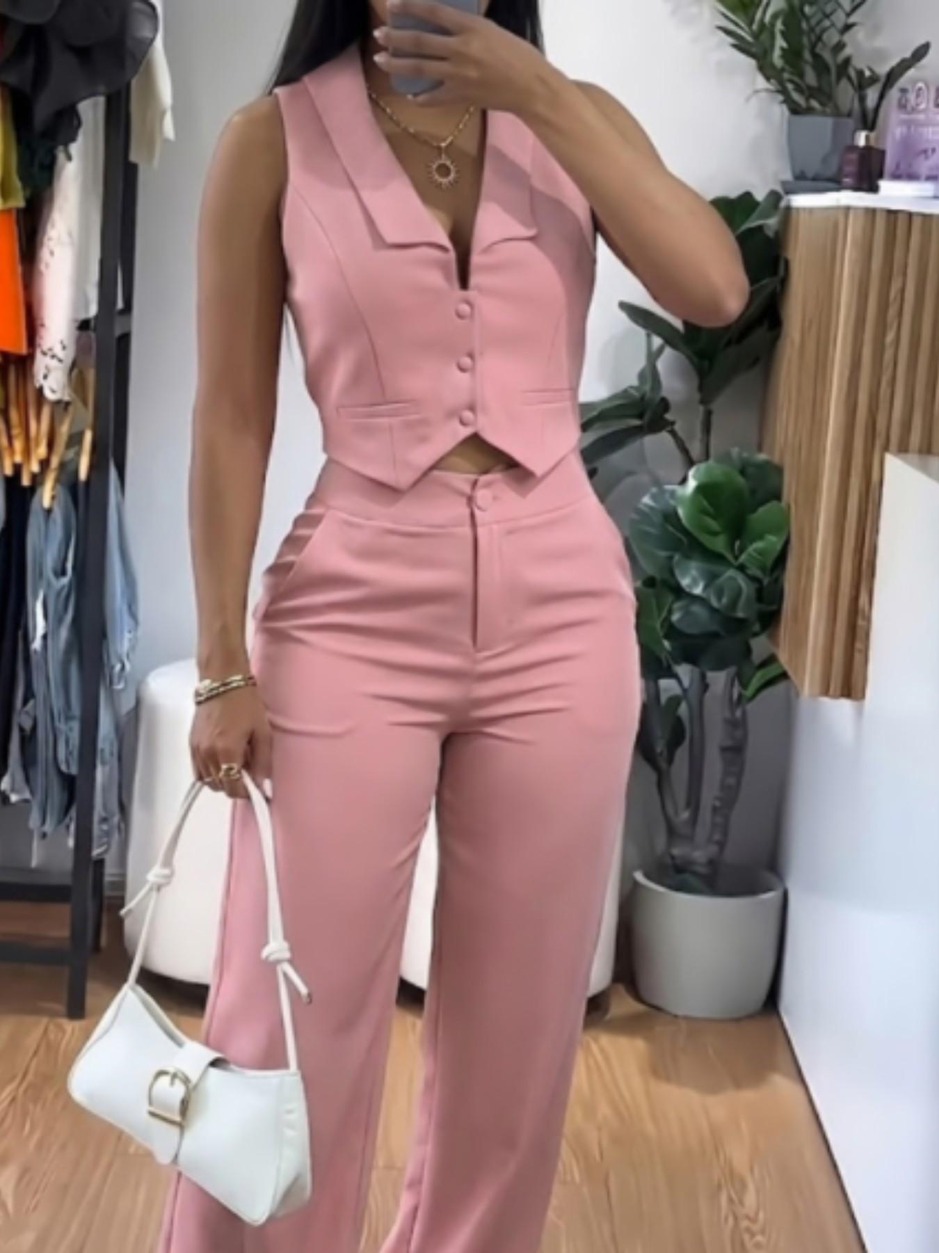 Women's Two-Piece Set, Sleeveless Waist-Cropped Vest and Wide-Leg Pants, Casual Loose-Fit Solid Pattern, All-Season Outer Vest