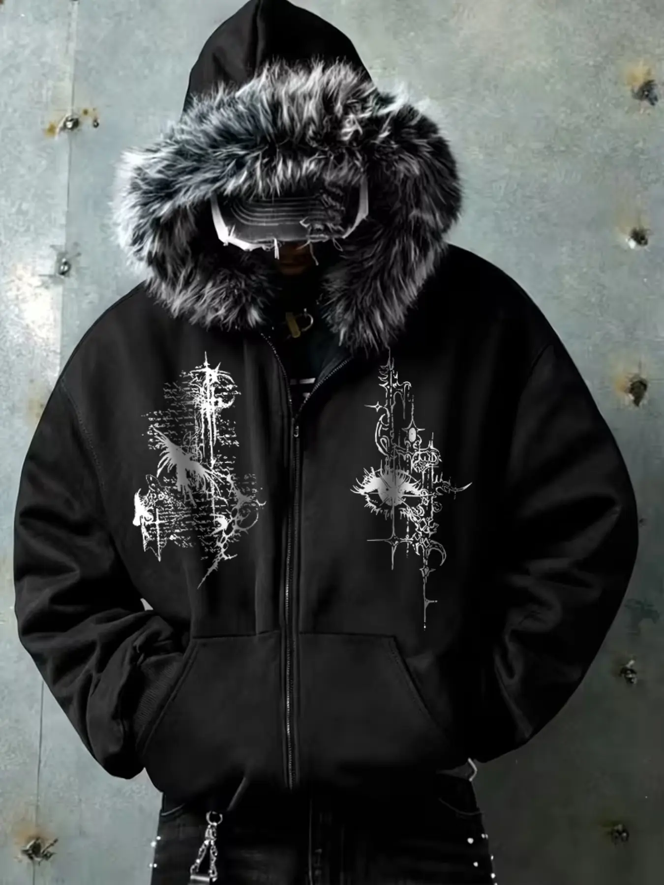Autumn Winter American Street Dark Casual Style Hooded Sweatshirt, Mystical Eye Rune Feather Print, Loose Fit Zipper Outerwear