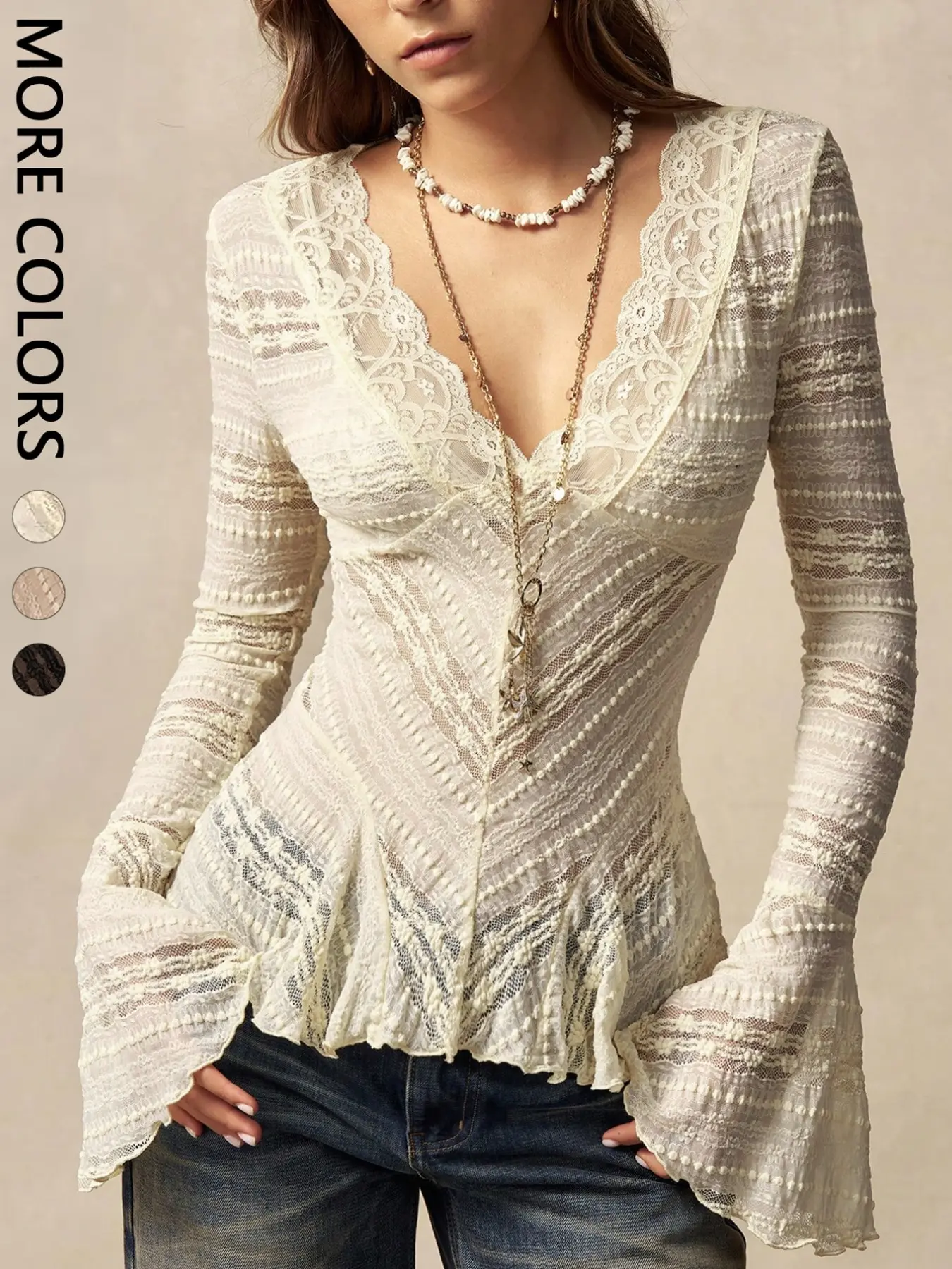 Women's Wave Lace Trim V-Neck Shirt, Long Flared Sleeve Sheer Texture Ruffle Dress Top, Boho Vintage Elegant Layering Blouse, Perfect for Dates, Brunch, Streetwear, Vacation
