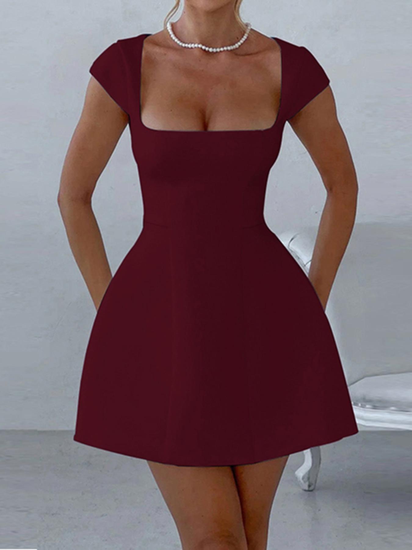 Women's Plain Square Neck A Line Dress, Formal Wear, Elegant Cap Sleeve Short Dress for Party Holiday Wedding Guest, Ladies Fall Clothes