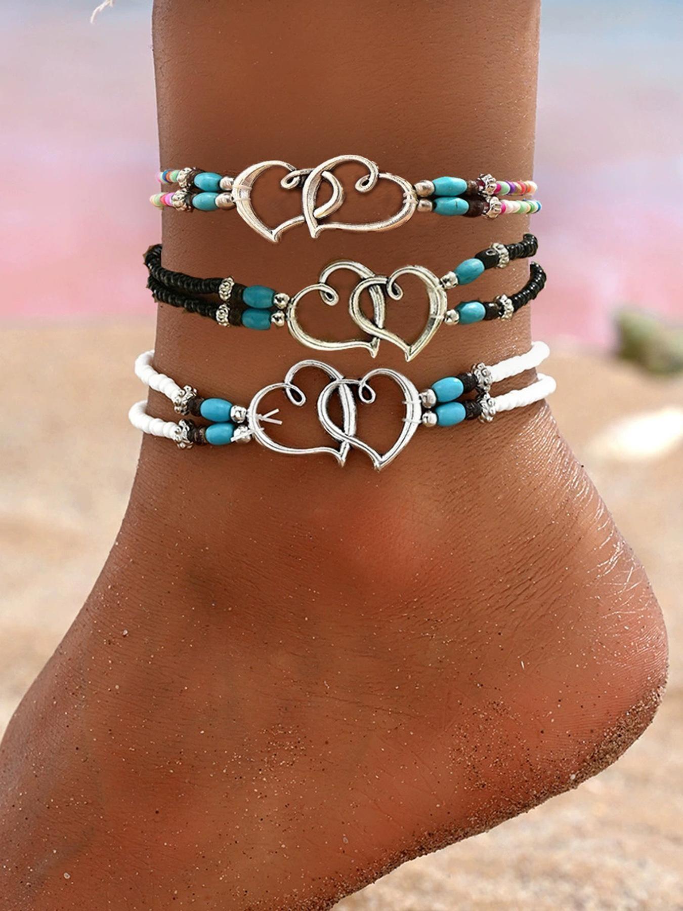 Boho Style Beaded Dainty Layered Anklet Necklace Set, Silver Color Heart Design Jewelry Gift for Women, Ideal Summer Accessory for Special Occasions