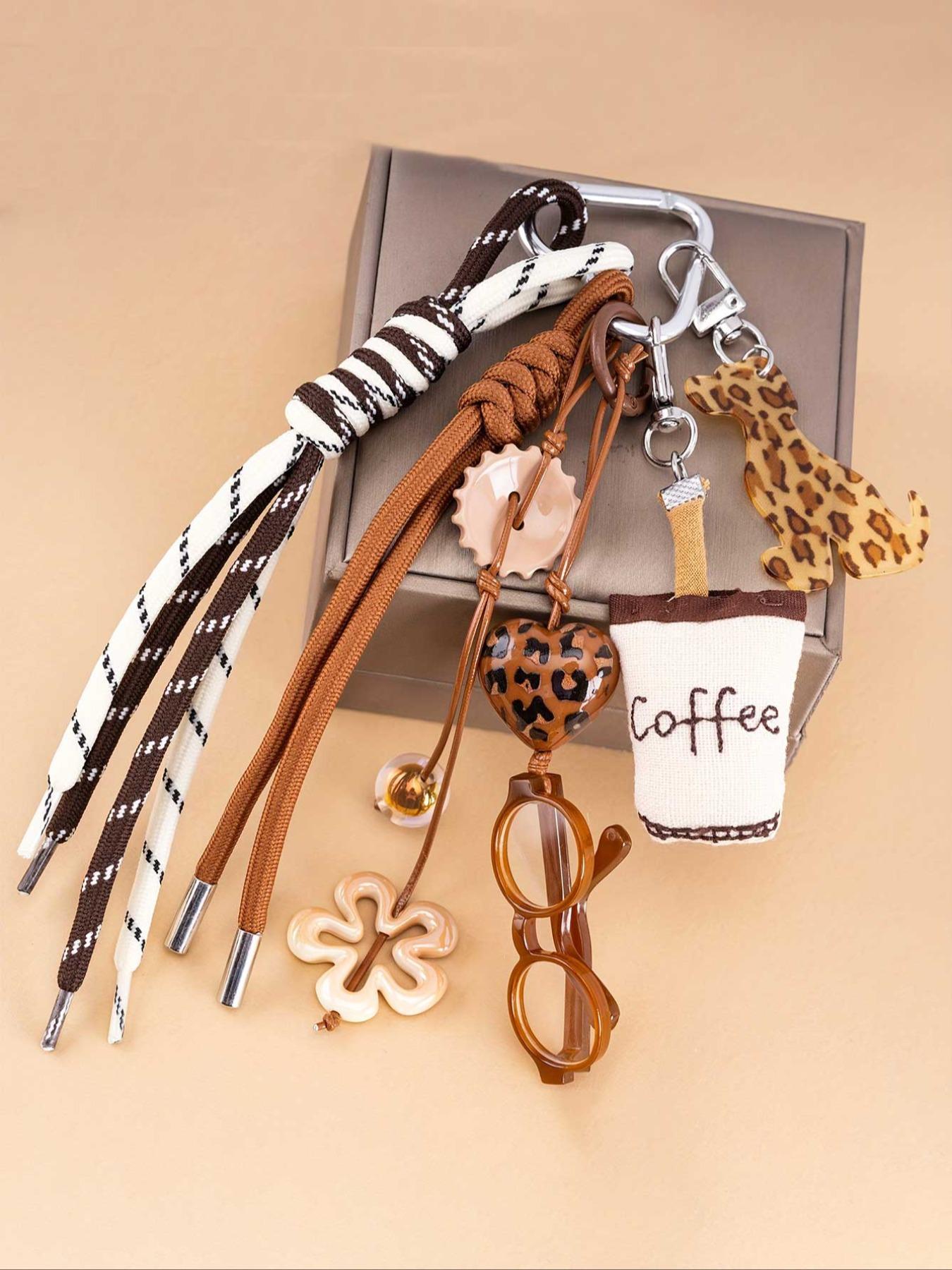 Luxury 2D Eyes Glasses Keychain,Coffee Brown Leopard Print Dog Key Bag Charm Coffee Cup Pendant Heart Flower Beaded Charms Braided Rope Fabric Coffee Cup Keychain Lanyard for Men Women Keys,Backpack Keyring Decoration Ornaments Purse Charms Accessories