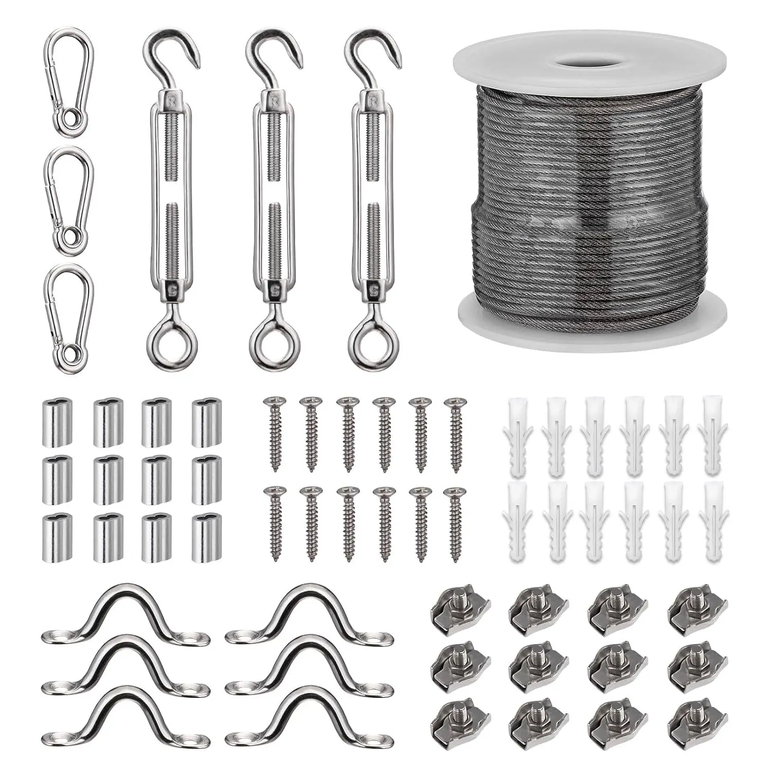 Turnbuckle Wire Tensioner 150FT 1/16" (45M 1.5MM) Stainless Steel Cable String Light Hanging Kit Wire Rope Kit M5 Turnbuckles for Cables Trellis Curtain Clothesline Railing